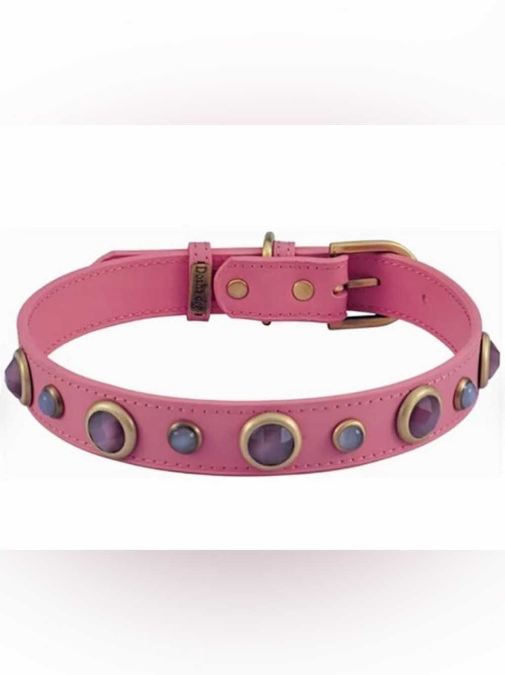 Pink Leather Dog Collar with Genuine Gemstones Crystals Jewels Brass Hardware